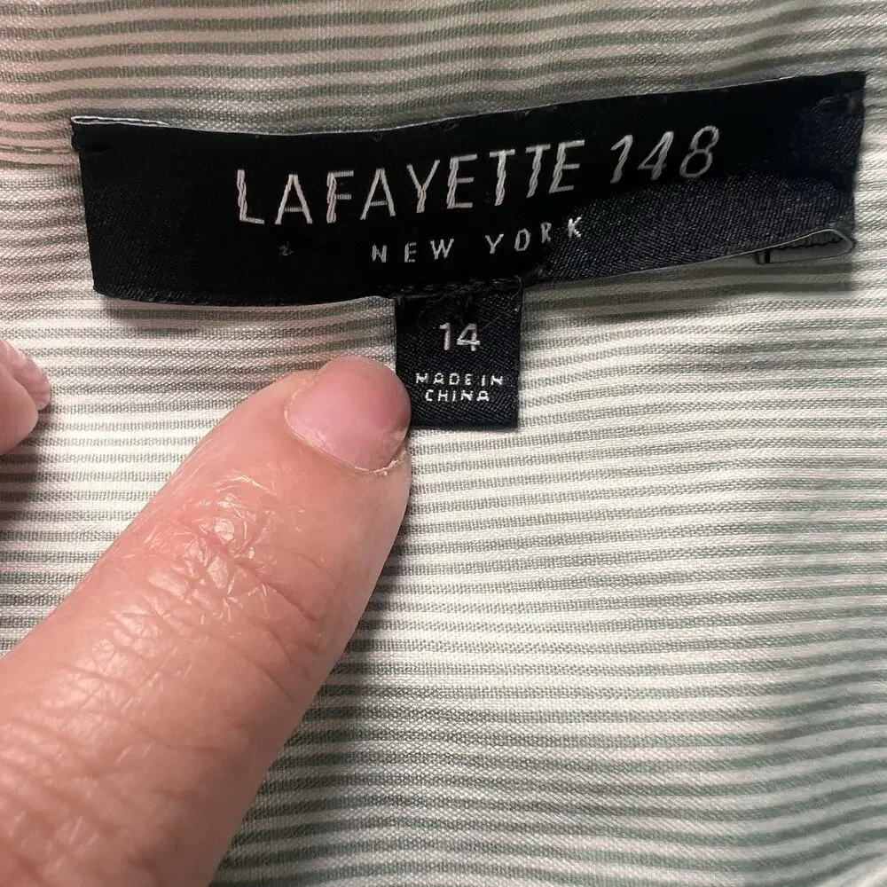 Lafayette 148 New York Shirt Womens Size 14 Green Stripe Button Front Top Blouse - Picture 3 of 14